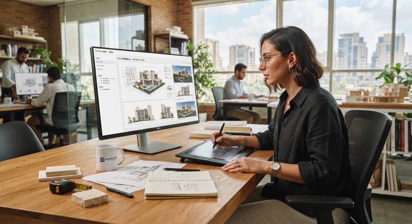 Architect working on a warm oak studio table in New Cairo designing a modern limestone villa portfolio on an ultra-slim desktop screen.