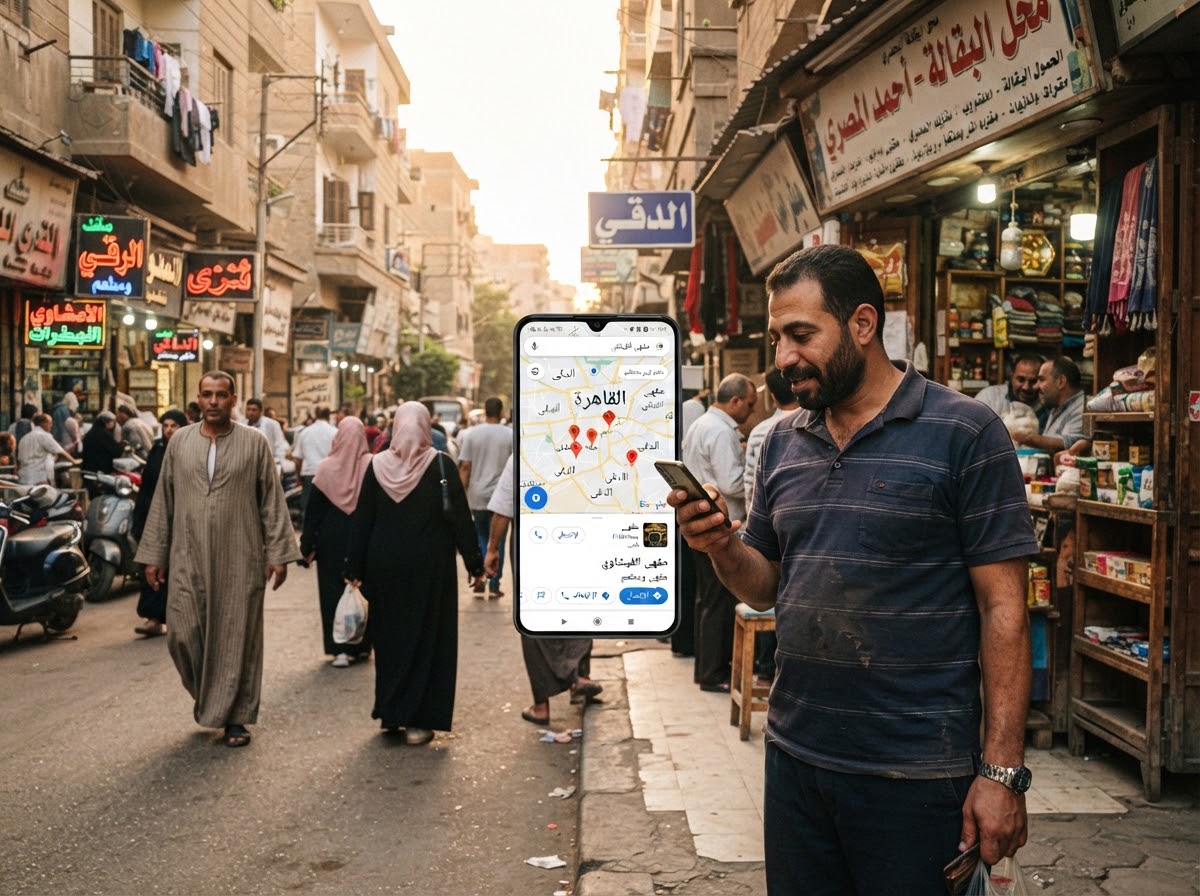 Cairo street scene with Google Maps pins