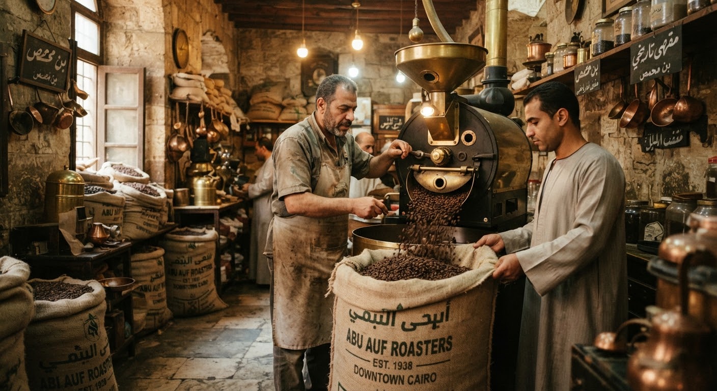 Warm moody candid documentary photography inside a historic Downtown Cairo roastery, brass details, artisanal coffee beans pouring into linen sacks, warm ambient lighting.
