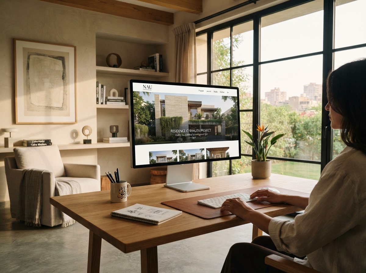Nau architecture studio website shown on modern monitor inside Maadi villa