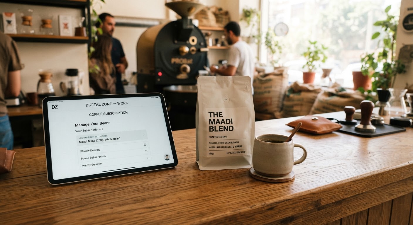 Minimalist specialty coffee packaging and subscription interface photography on warm wood counter with ceramic cup in a Maadi roastery setting.