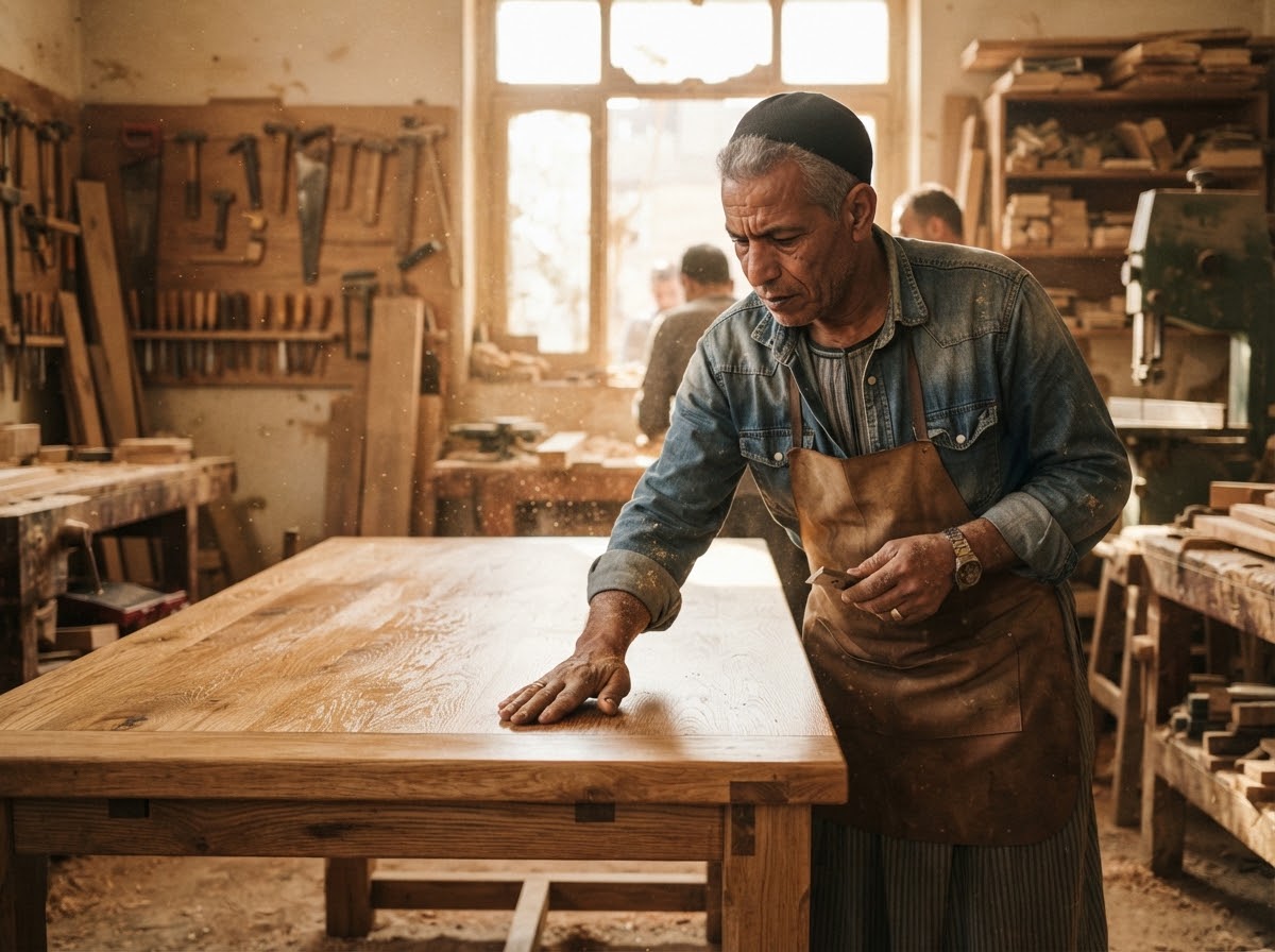 Egyptian carpenter inspecting solid oak table in Cairo workshop