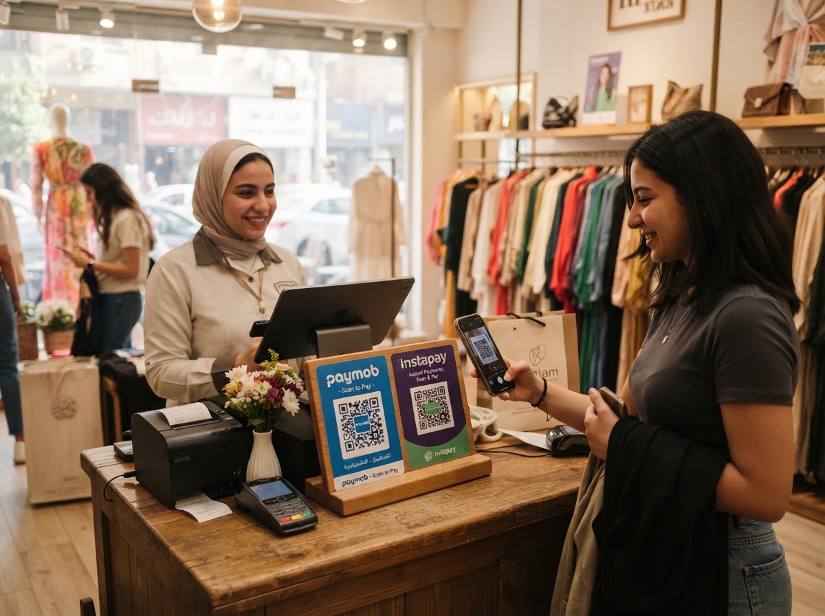 Showroom counter with Paymob and Instapay terminal