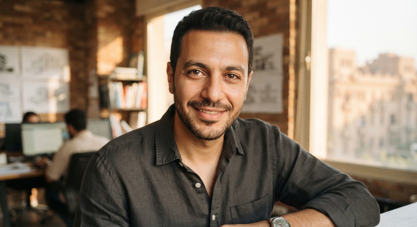Close up portrait photograph of an Egyptian creative director and digital agency founder in his late thirties. Warm direct eye contact, natural Cairo sunlight, dressed in a relaxed dark linen shirt against a warm architectural studio background.